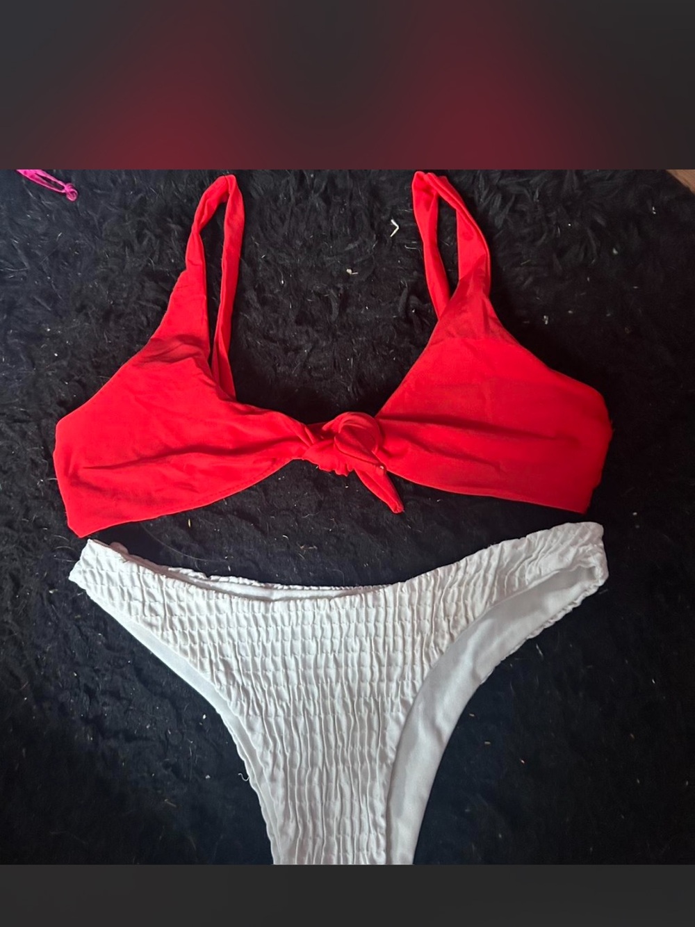 Red Knot Front Bikini Top and White Textured Bottom Swim Set